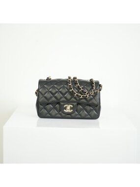 Chanel Mini Classic Black Lambskin W/Champagne Gold Flap Bag Full Set